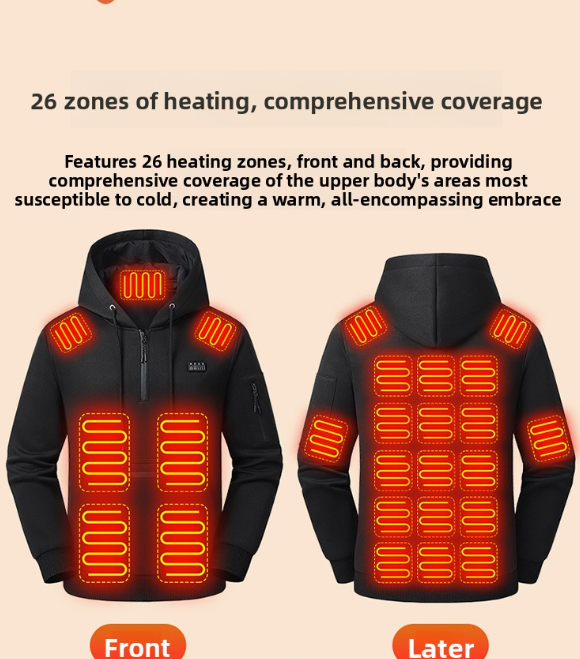 Men's Smart Heated Hooded Sweatshirt, 26-Zone USB Electric Warming Pullover with Power Bank Support, Winter Thickened Sports Jacket
