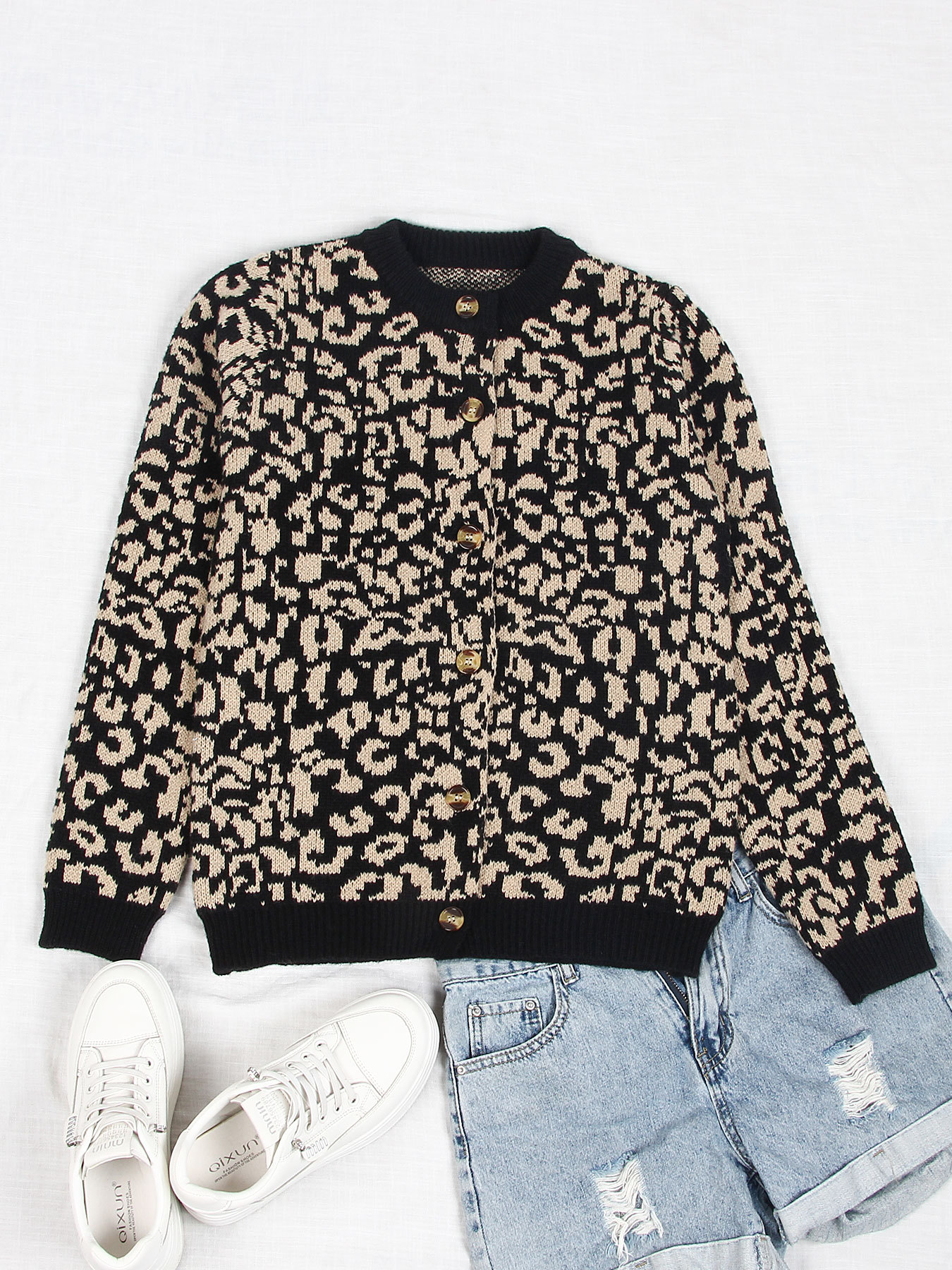 Women's Leopard Print Open Front Long Sleeve Knit Cardigan Sweater