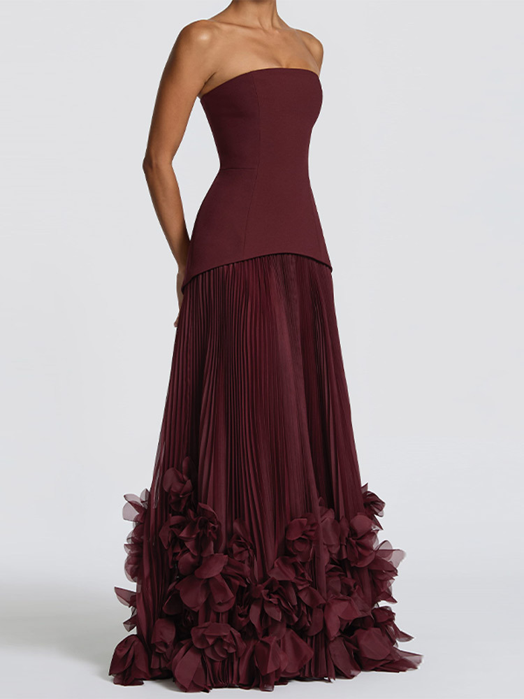 Strapless Petal Embellished Long Evening Dress with Train