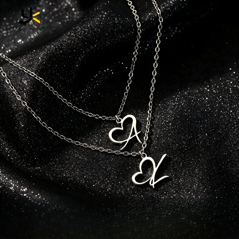 Stainless Steel Heart Initial Letter Pendant Necklace for Women