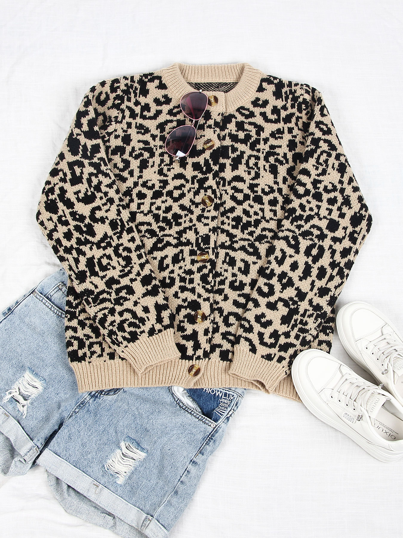 Women's Leopard Print Open Front Long Sleeve Knit Cardigan Sweater