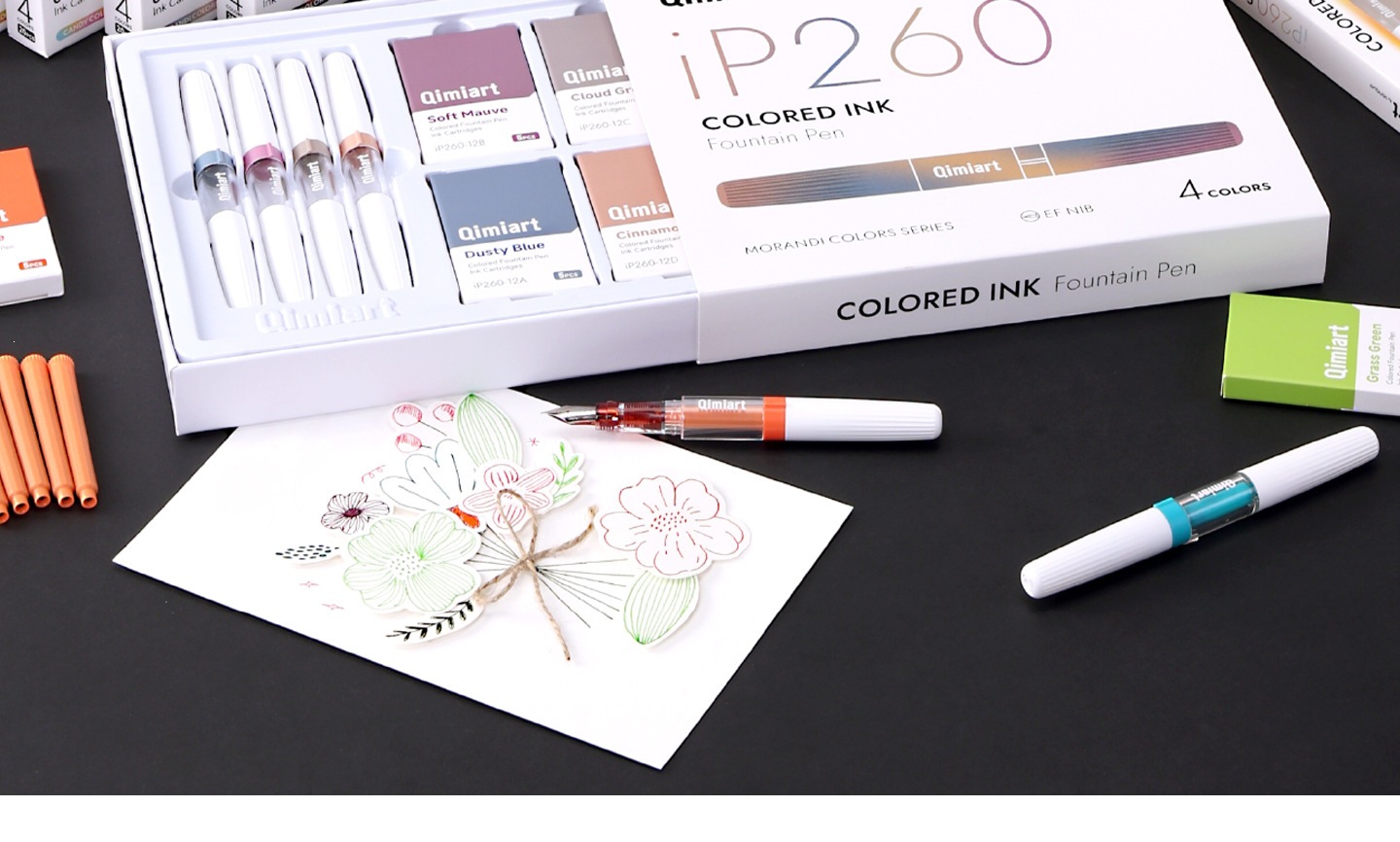 4-Color Fountain Pen Gift Set with EF Fine Nib and 20 Ink Cartridges