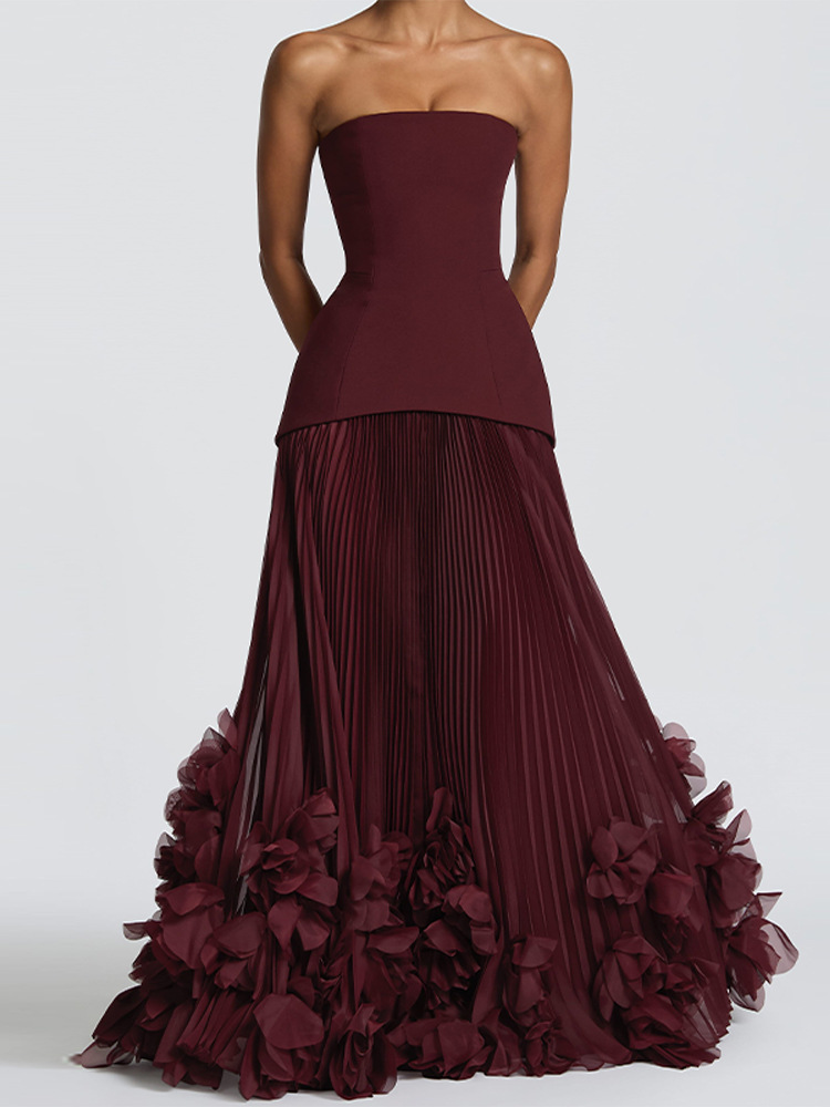 Strapless Petal Embellished Long Evening Dress with Train