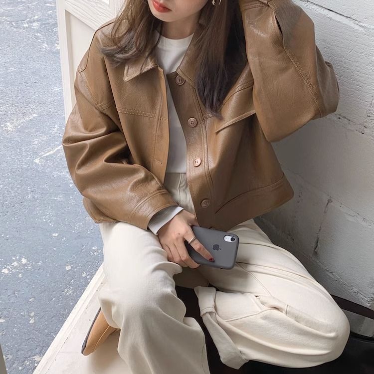 Women?s Vintage PU Leather Jacket Short Slim Fit Polo Collar Coat