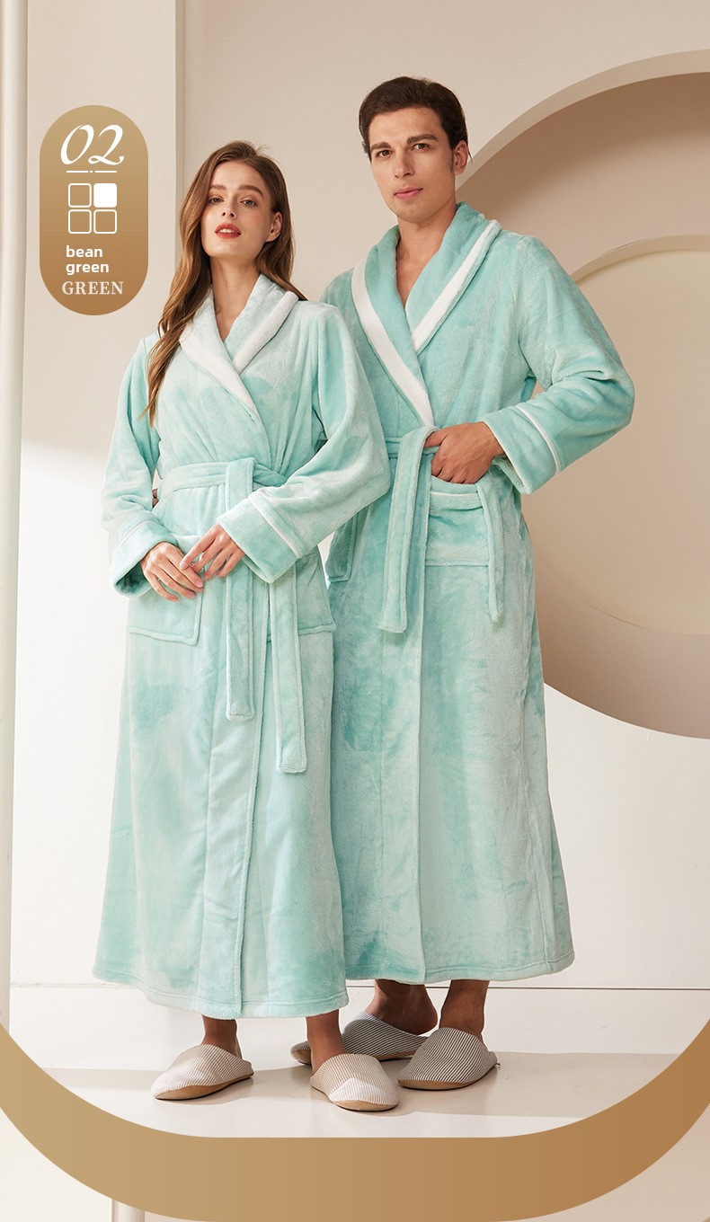 Thickened Long Coral Velvet Flannel Bathrobe for Couples