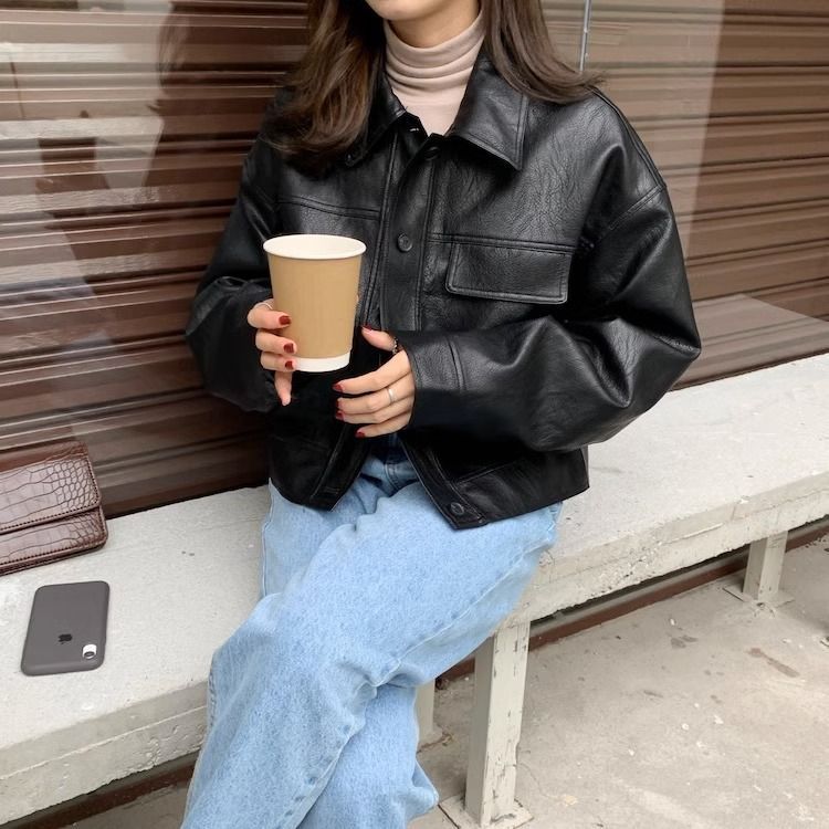 Women?s Vintage PU Leather Jacket Short Slim Fit Polo Collar Coat