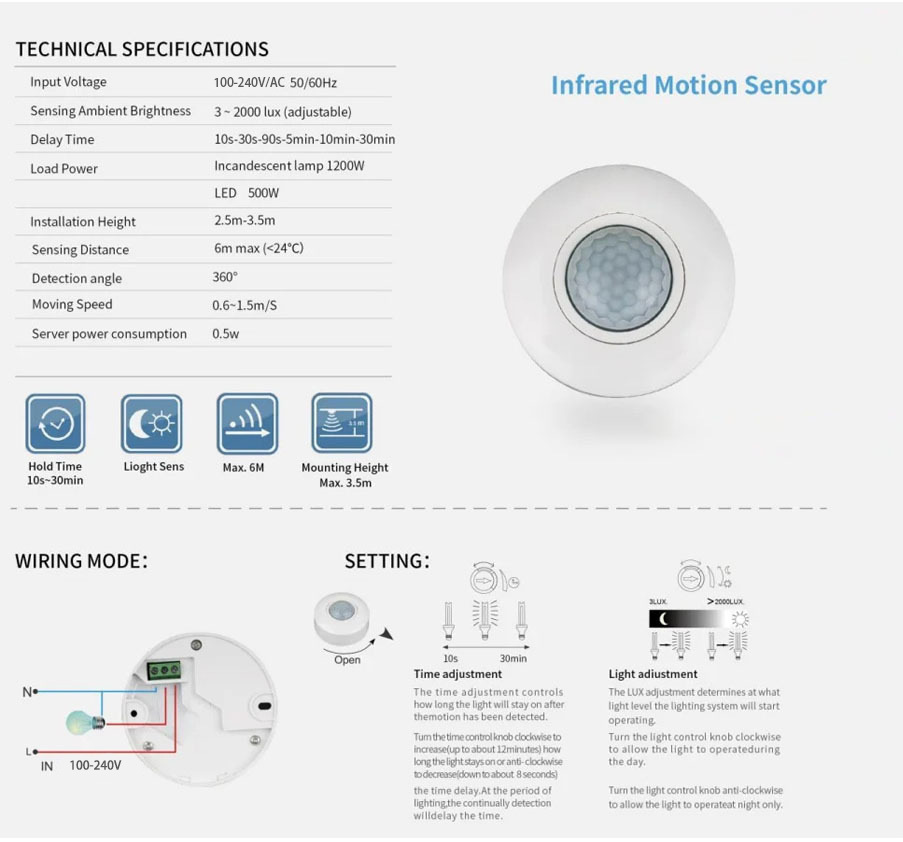 Ceiling Mounted PIR Infrared Human Body Sensor LED Lamp Switch Adjustable Delay