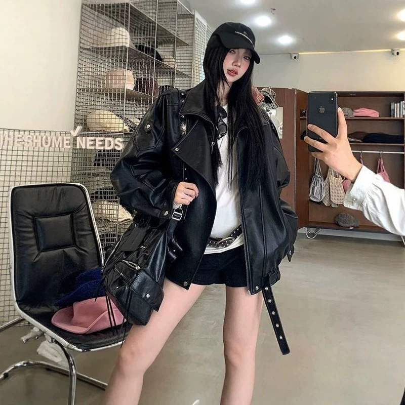 Lady's retro motorcycle PU leather jacket