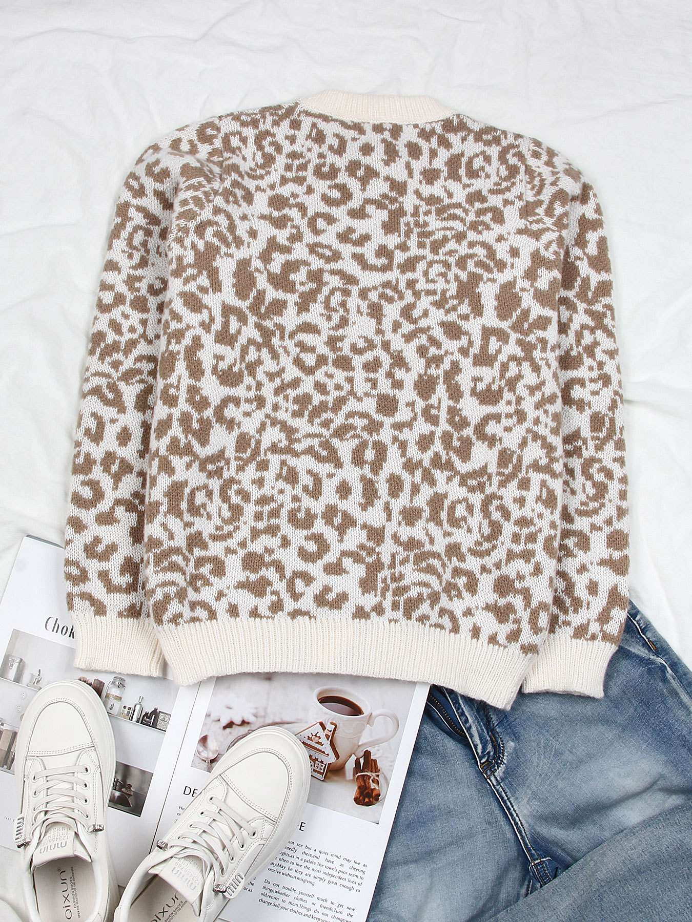 Women's Leopard Print Open Front Long Sleeve Knit Cardigan Sweater