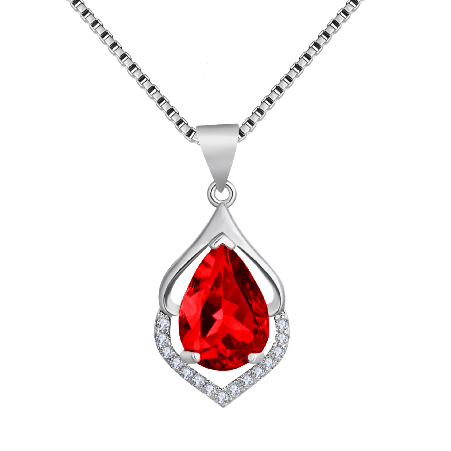 Drop-Shaped Imitation Silver Crystal Pendant Necklace