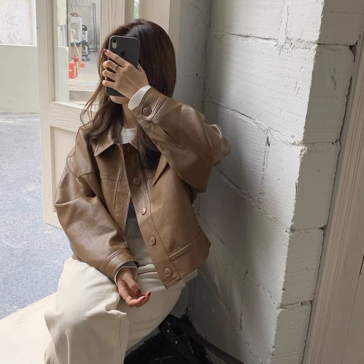 Women?s Vintage PU Leather Jacket Short Slim Fit Polo Collar Coat