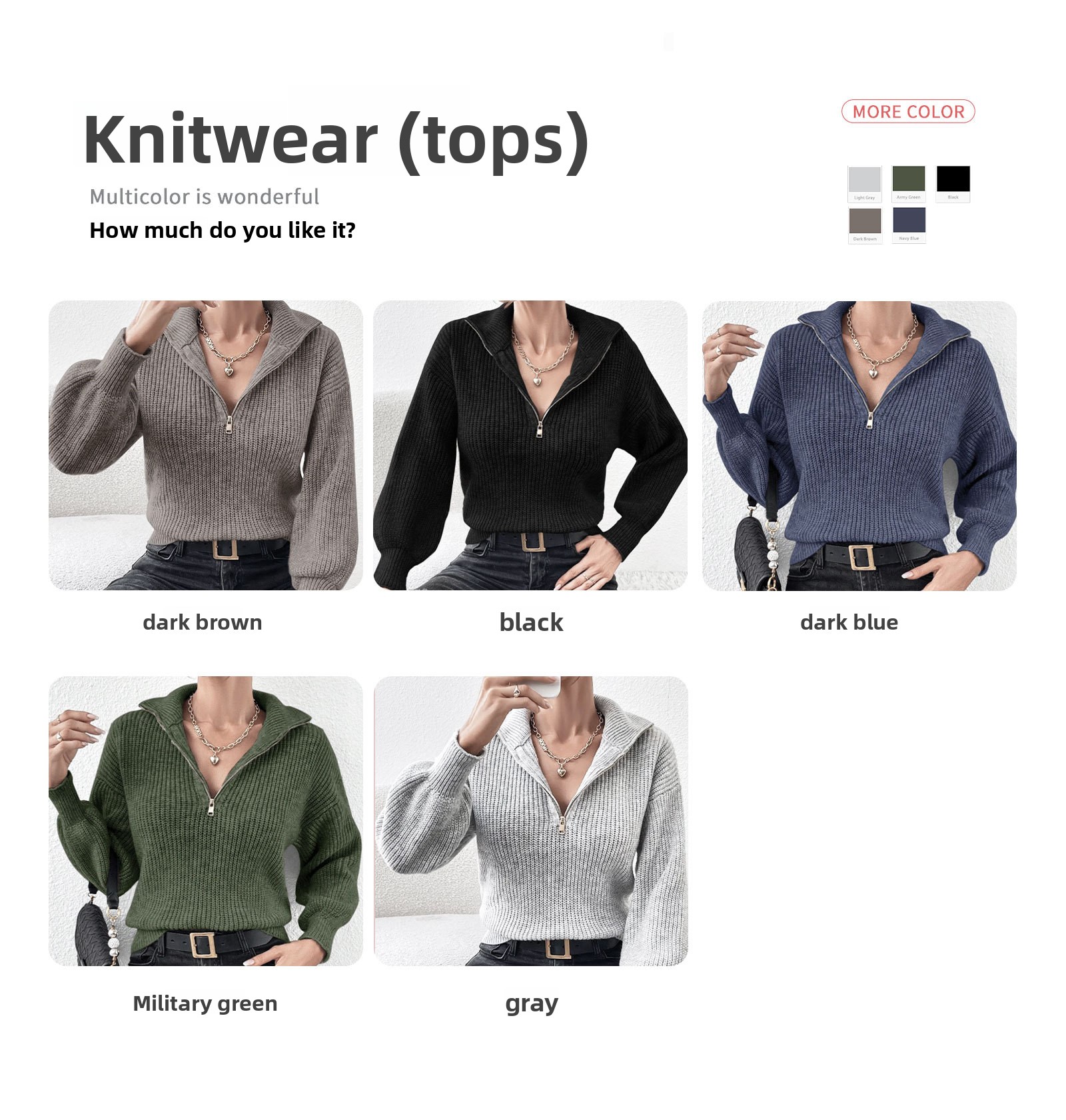 Solid Color Polo Collar Zipper Long Sleeve Knit Sweater for Women