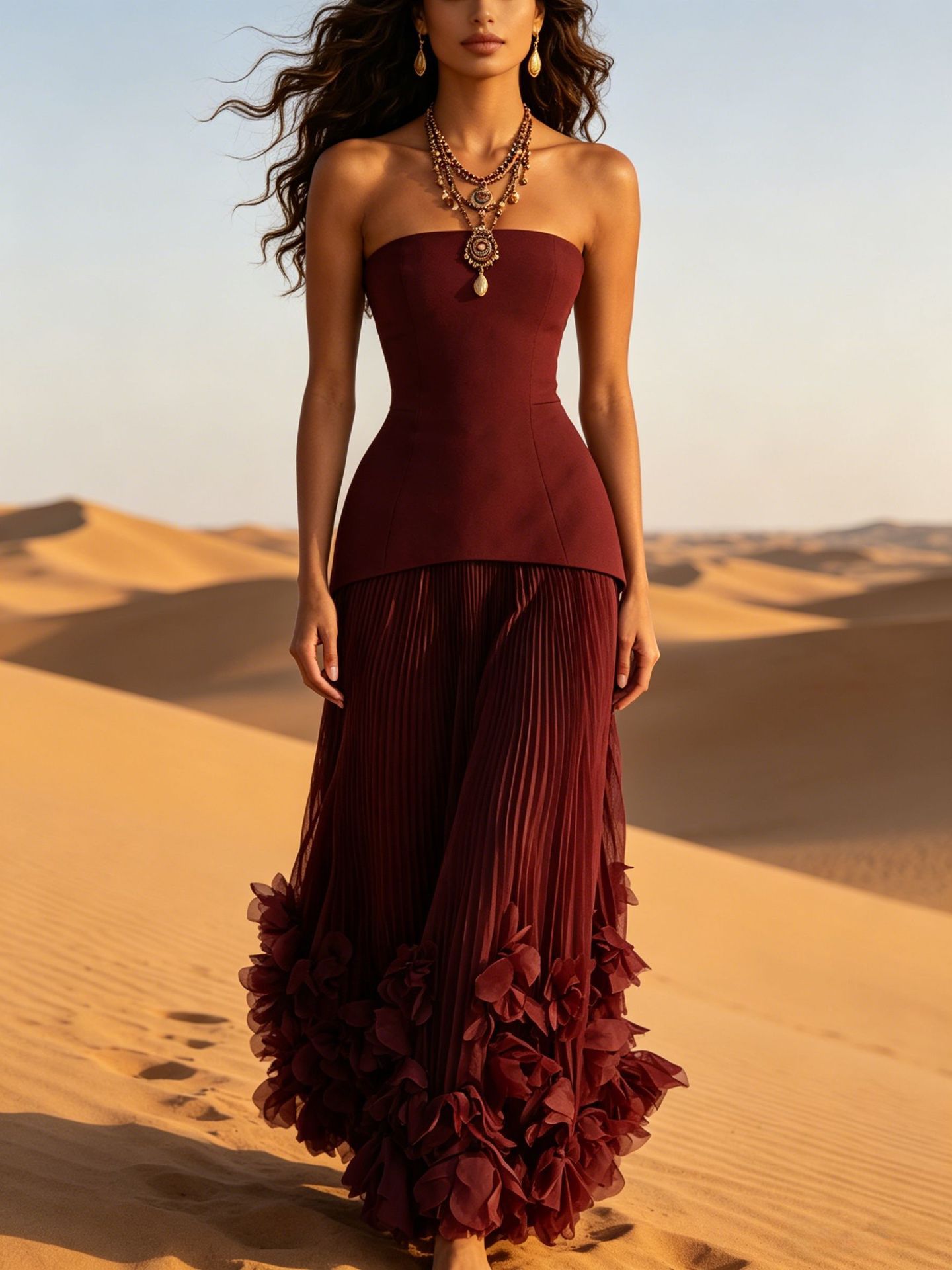 Strapless Petal Embellished Long Evening Dress with Train