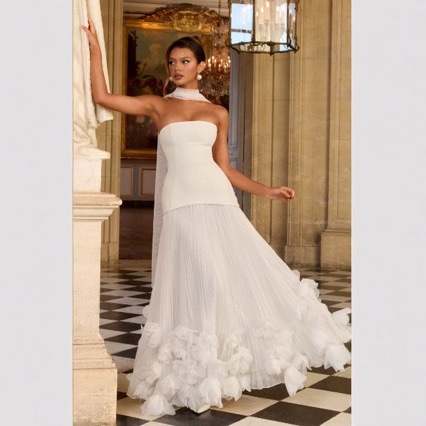 Strapless Petal Embellished Long Evening Dress with Train