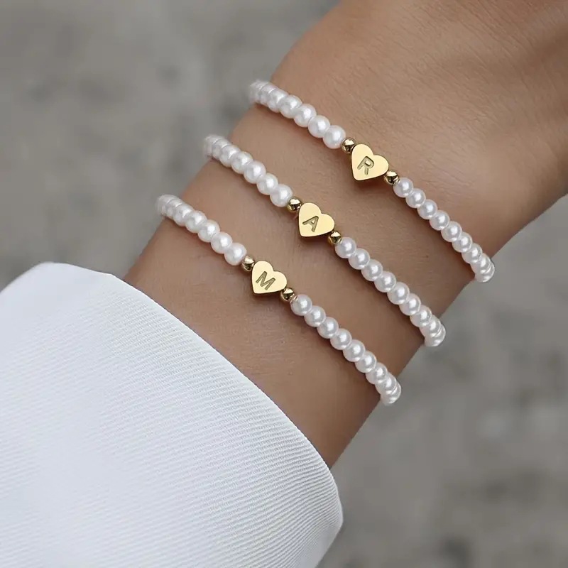 Gold Letter Charm Faux Pearl Bracelet for Women Personalized Stacking Jewelry