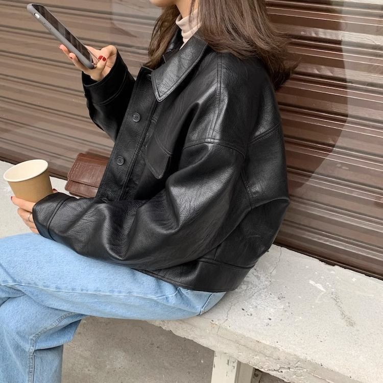 Women?s Vintage PU Leather Jacket Short Slim Fit Polo Collar Coat