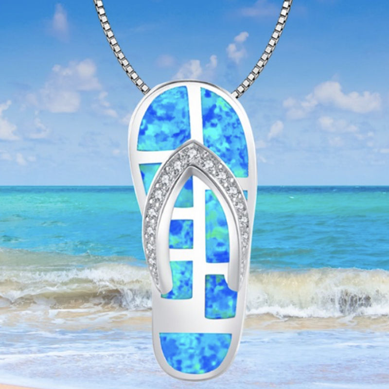 Opal Flip-Flop Pendant Necklace Earrings Set Fashion Colored Gemstone Jewelry