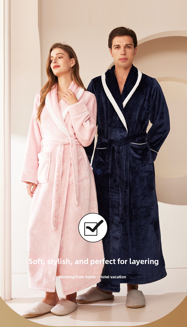 Thickened Long Coral Velvet Flannel Bathrobe for Couples