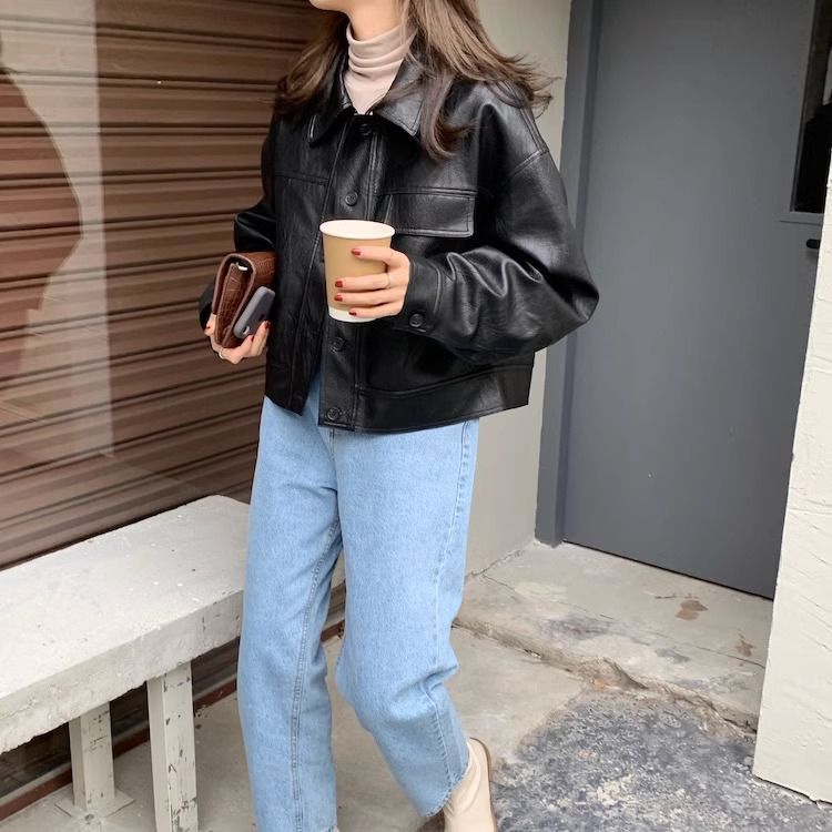 Women?s Vintage PU Leather Jacket Short Slim Fit Polo Collar Coat