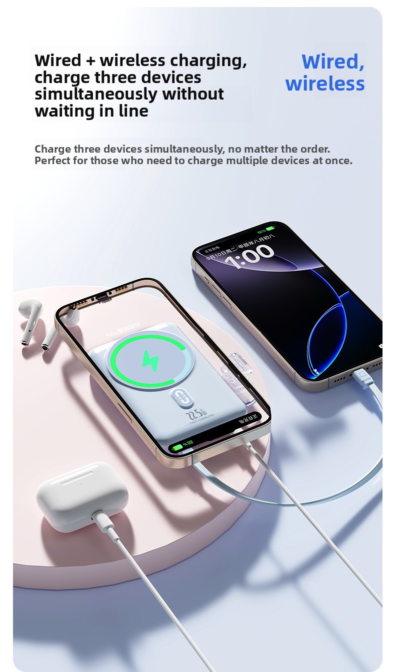 3-in-1 15W Magnetic Wireless Portable Charger 22.5W Power Bank with Built-in Cable and Watch Charging