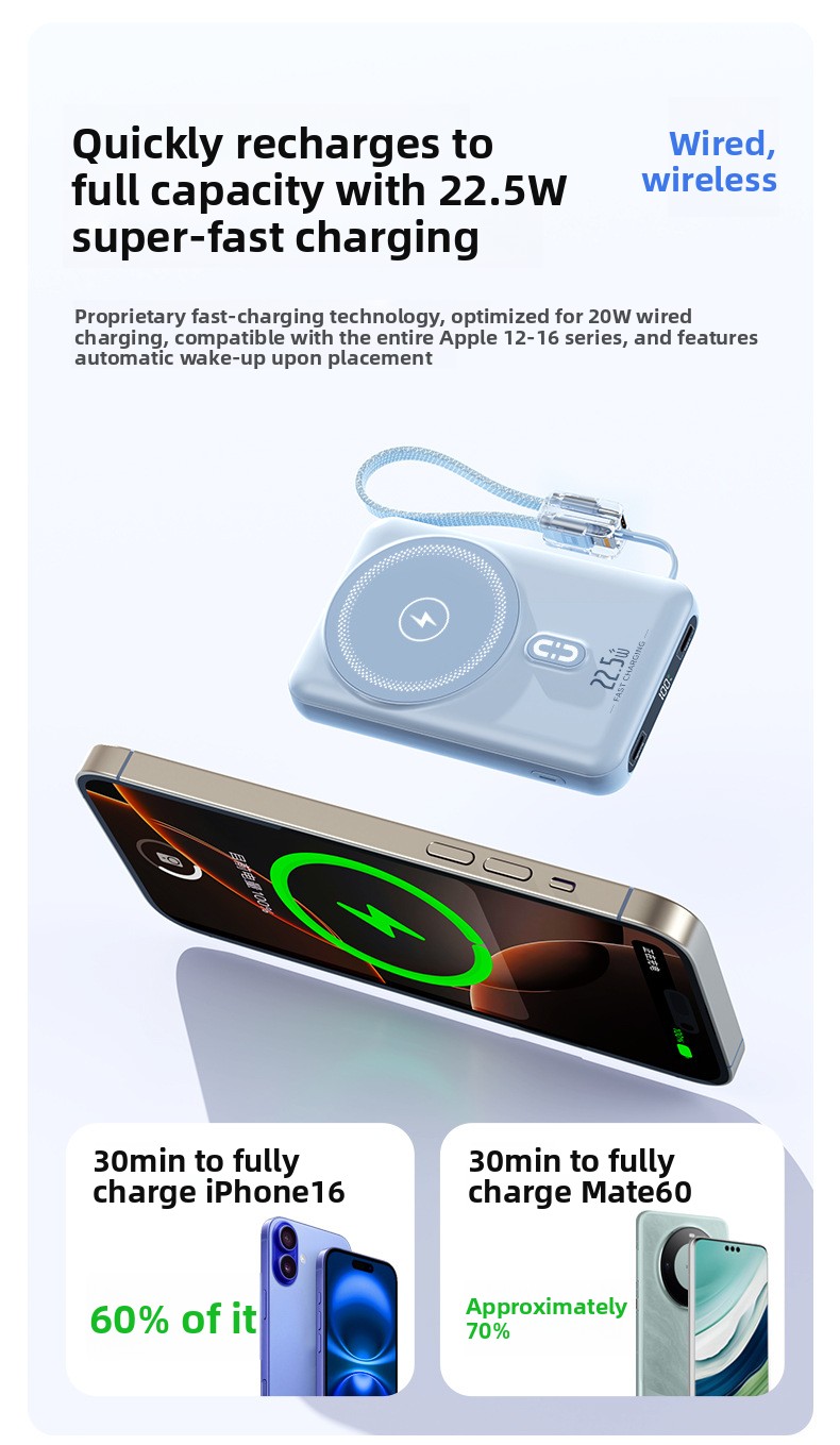 3-in-1 15W Magnetic Wireless Portable Charger 22.5W Power Bank with Built-in Cable and Watch Charging