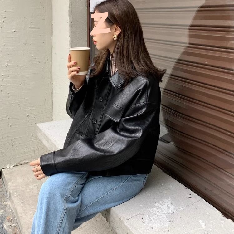 Women?s Vintage PU Leather Jacket Short Slim Fit Polo Collar Coat
