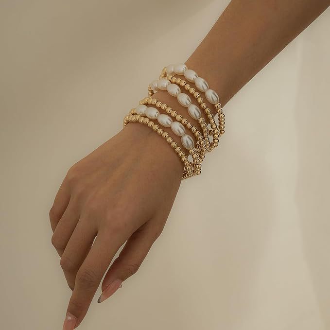 Gold Letter Charm Faux Pearl Bracelet for Women Personalized Stacking Jewelry