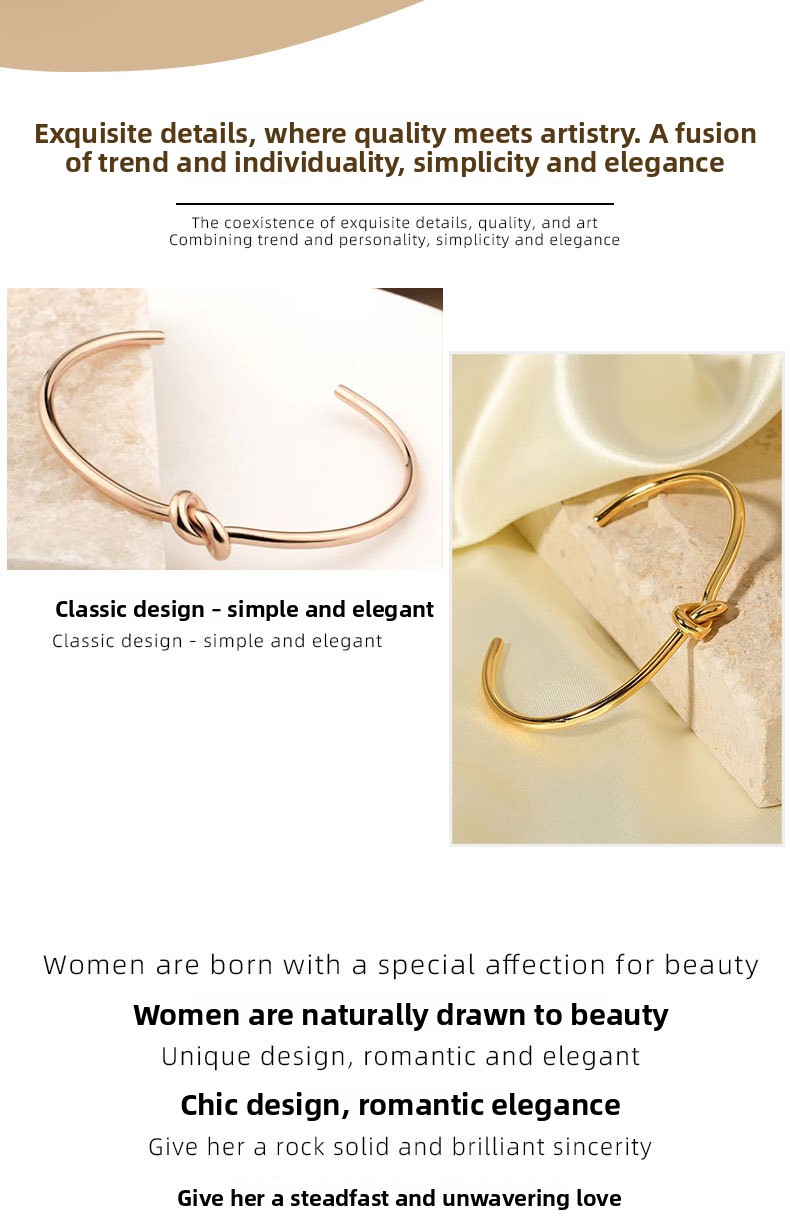 Minimalist Knot Women's Stainless Steel Bracelet 18K Gold Plated Heart Twist Jewelry