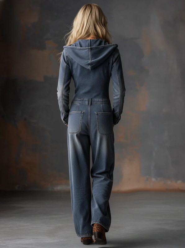Men's Retro Front-Zip Hooded Loose Fit Jumpsuit