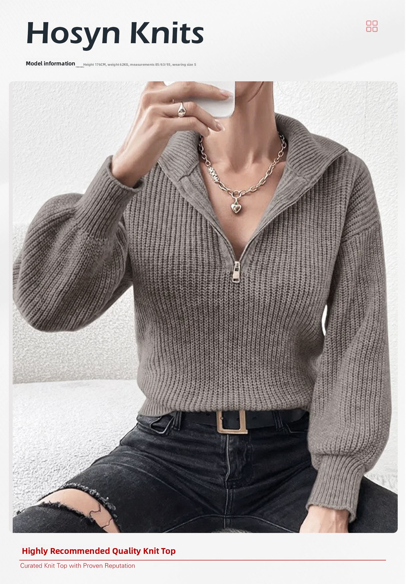 Solid Color Polo Collar Zipper Long Sleeve Knit Sweater for Women