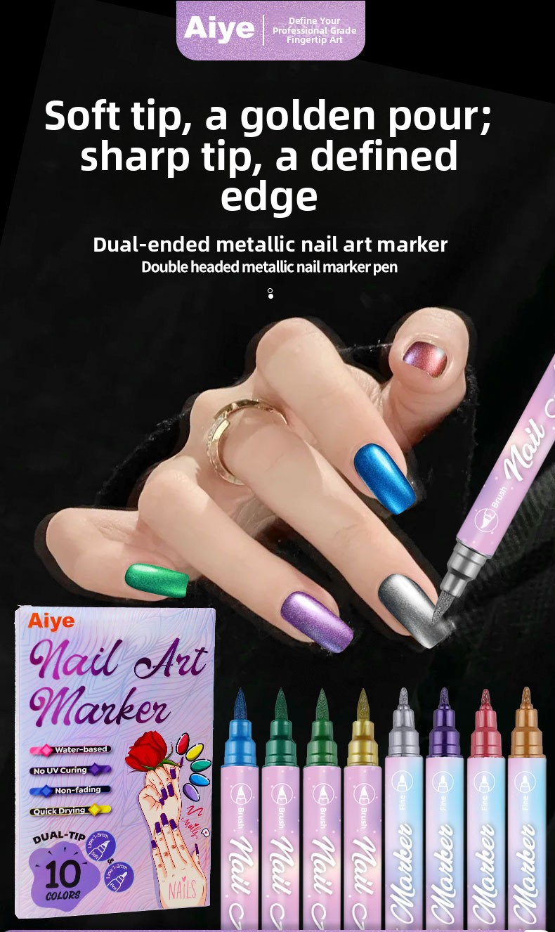 12-Color Dual-Ended Metallic Nail Art Pen Set for Drawing and Smudging