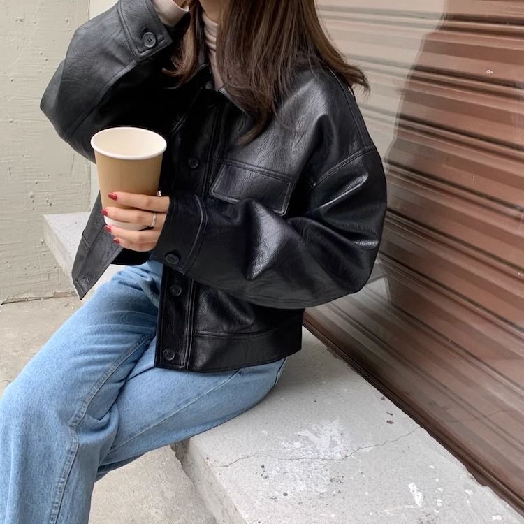 Women?s Vintage PU Leather Jacket Short Slim Fit Polo Collar Coat