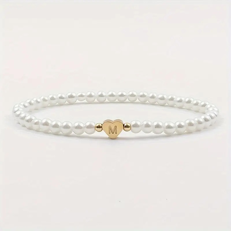 Gold Letter Charm Faux Pearl Bracelet for Women Personalized Stacking Jewelry