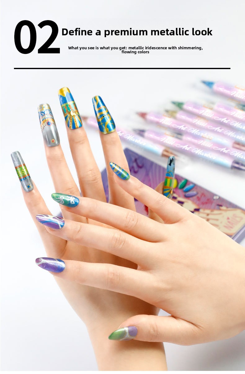 12-Color Dual-Ended Metallic Nail Art Pen Set for Drawing and Smudging