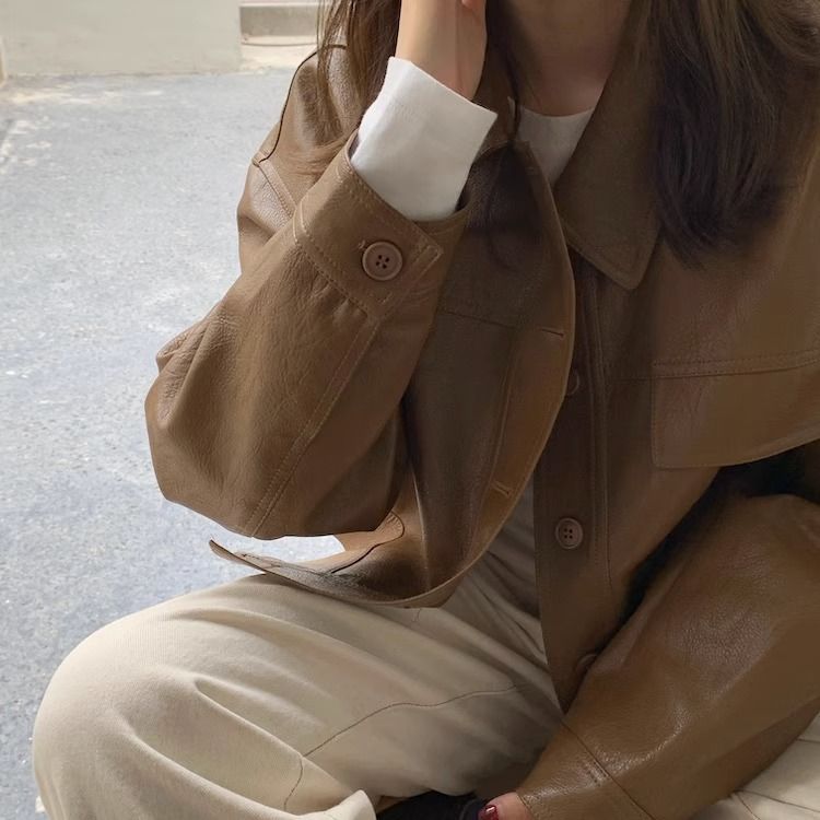 Women?s Vintage PU Leather Jacket Short Slim Fit Polo Collar Coat