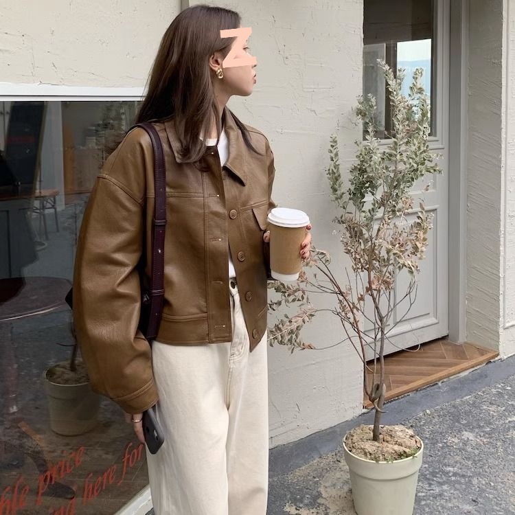 Women?s Vintage PU Leather Jacket Short Slim Fit Polo Collar Coat