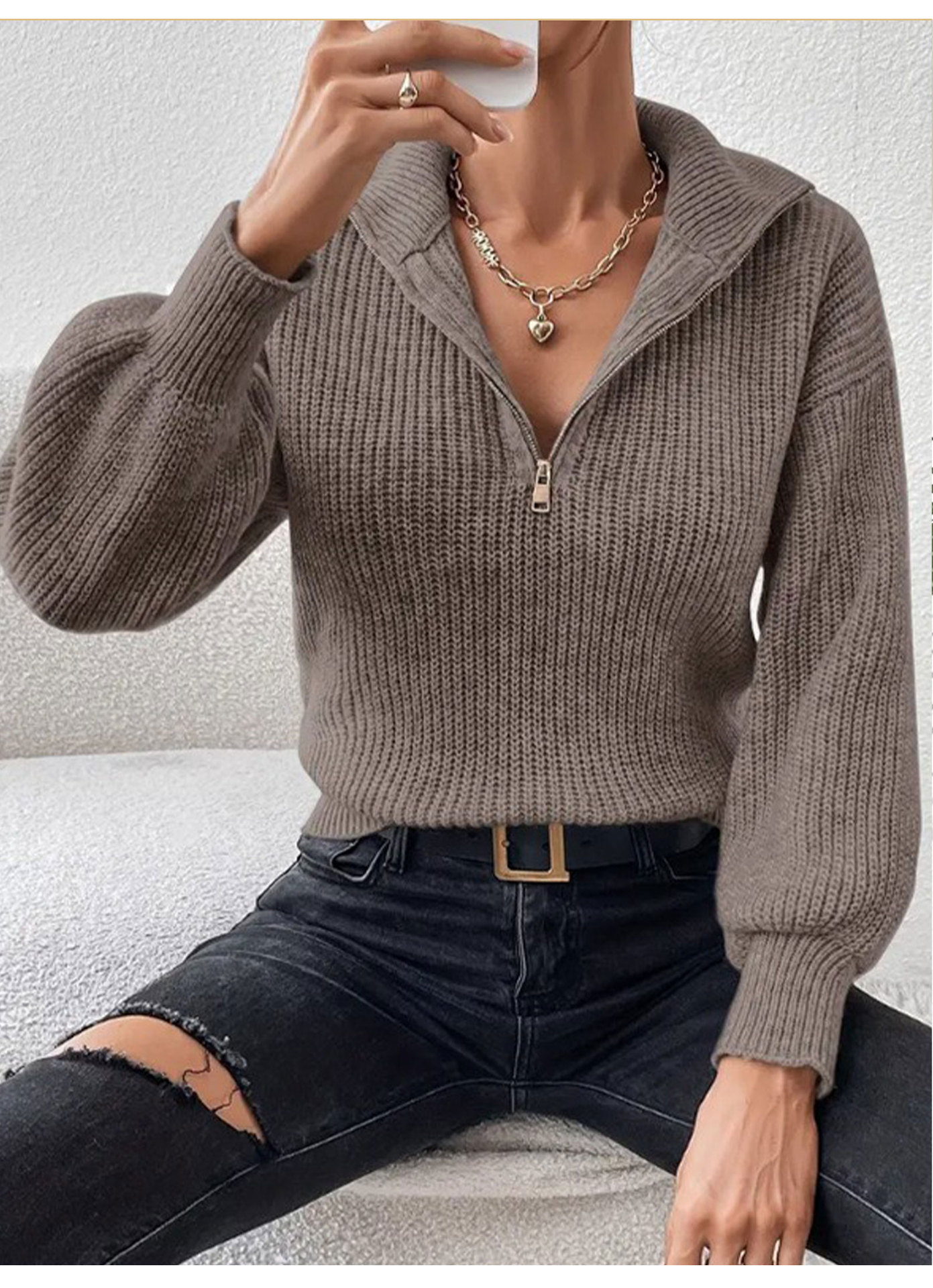 Solid Color Polo Collar Zipper Long Sleeve Knit Sweater for Women