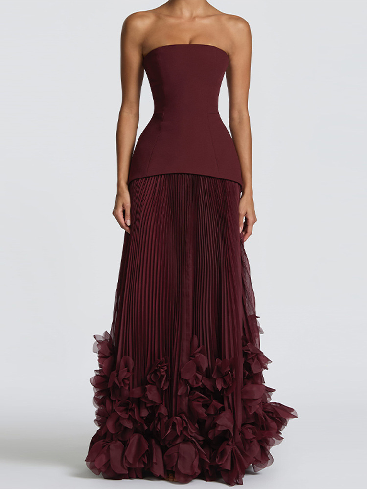 Strapless Petal Embellished Long Evening Dress with Train