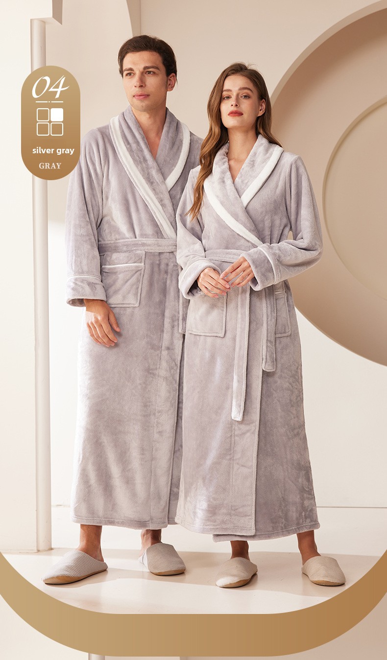 Thickened Long Coral Velvet Flannel Bathrobe for Couples