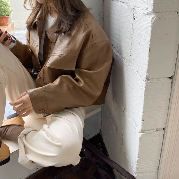 Women?s Vintage PU Leather Jacket Short Slim Fit Polo Collar Coat