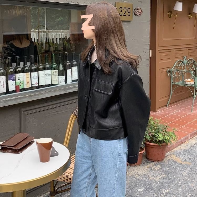 Women?s Vintage PU Leather Jacket Short Slim Fit Polo Collar Coat