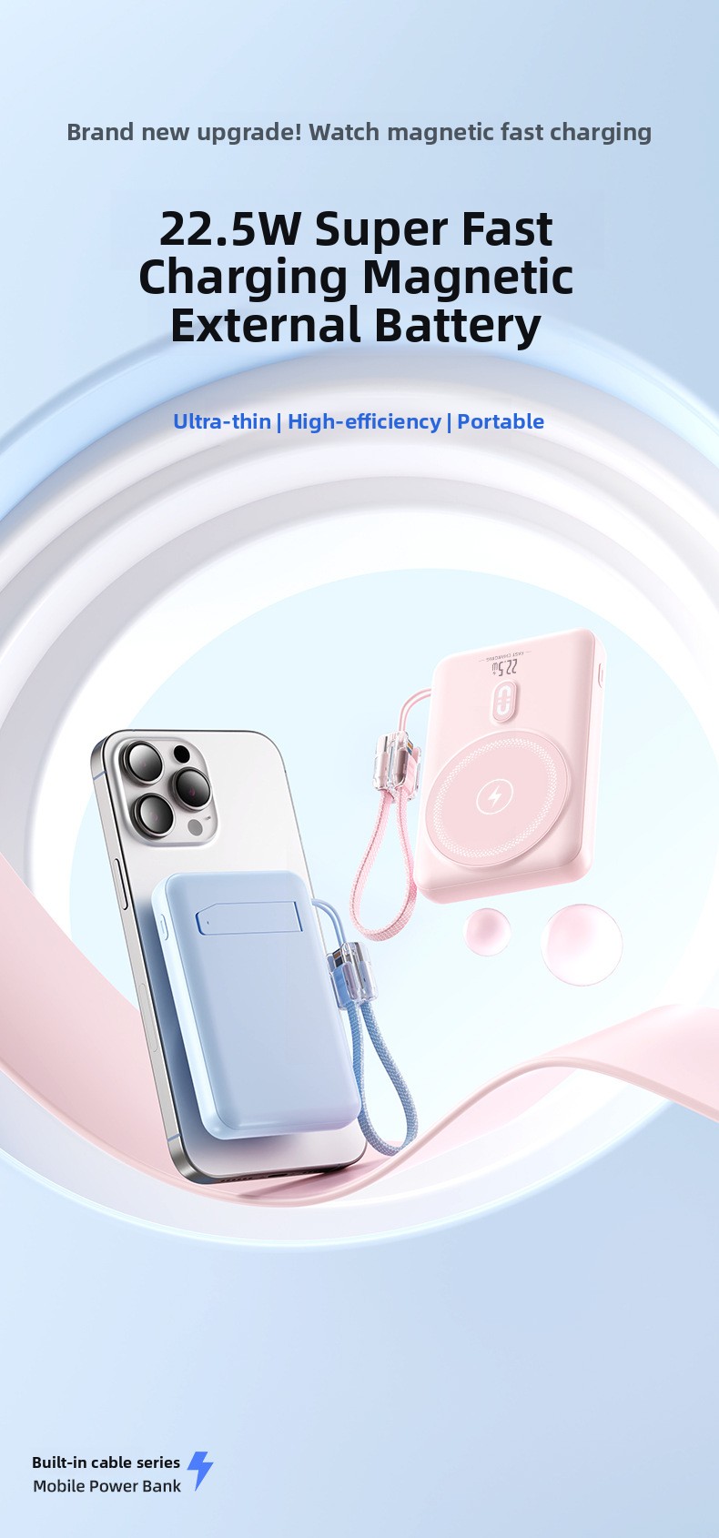 3-in-1 15W Magnetic Wireless Portable Charger 22.5W Power Bank with Built-in Cable and Watch Charging