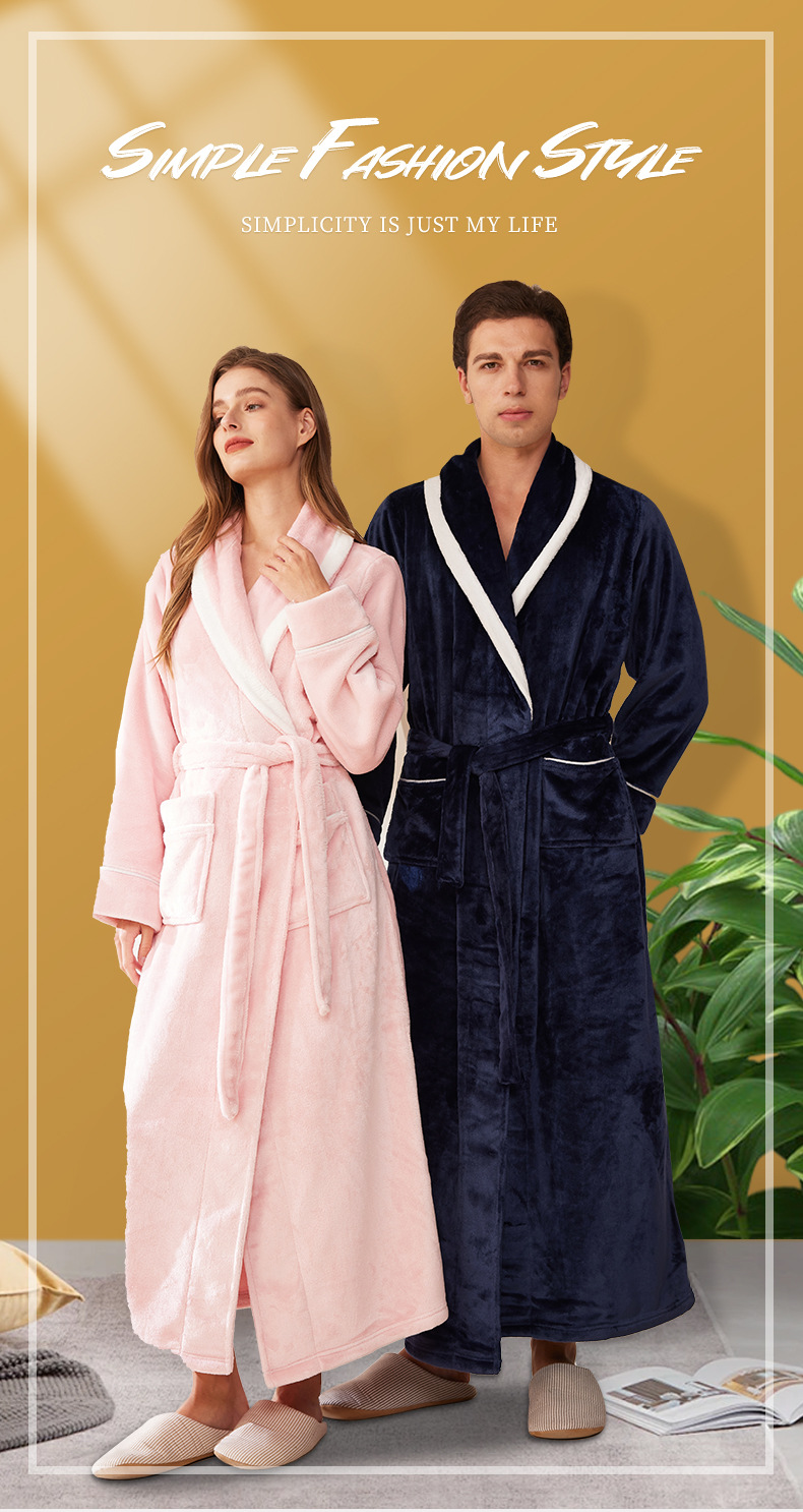 Thickened Long Coral Velvet Flannel Bathrobe for Couples