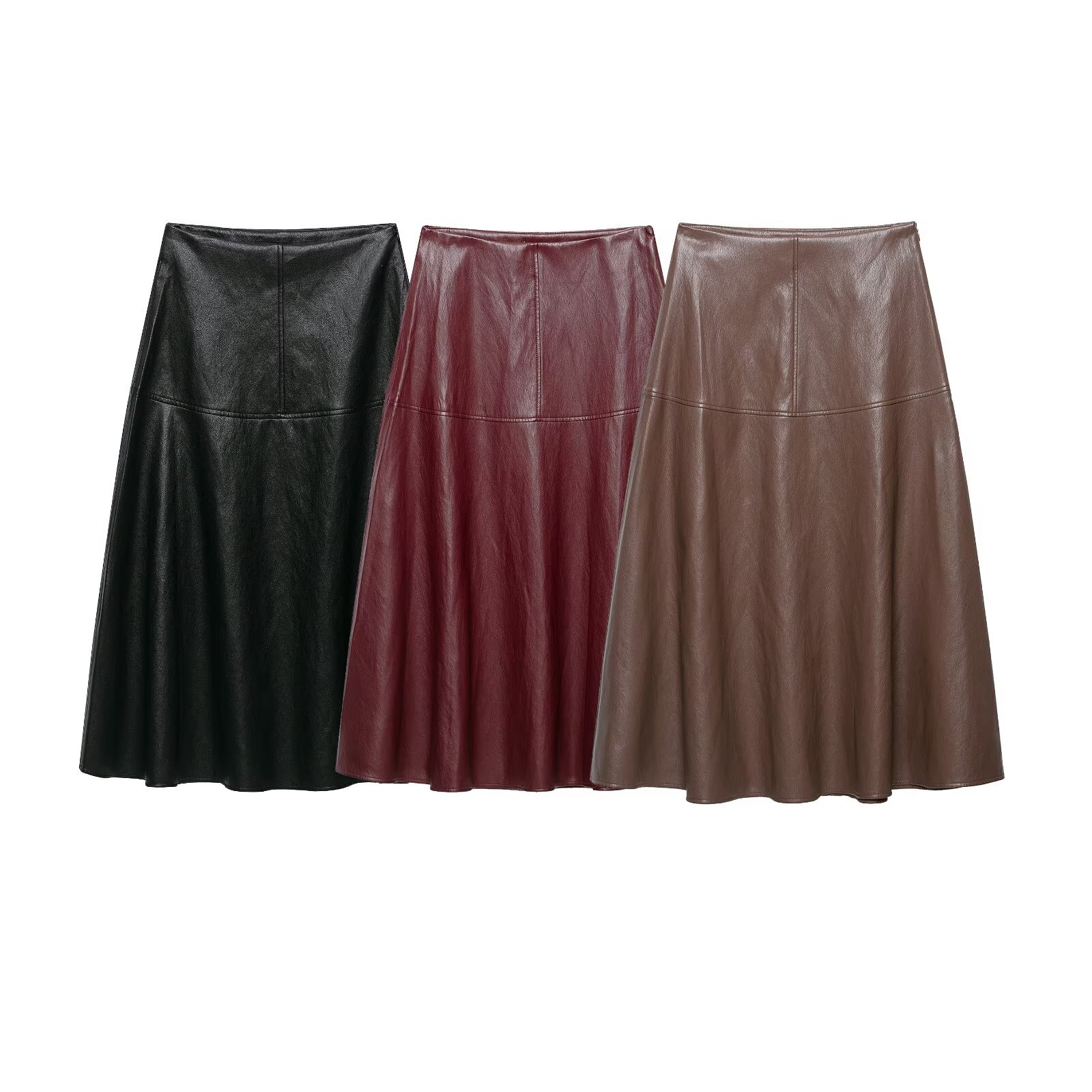Womens High Waist A-Line Faux Leather Colorblock Mini Skirt