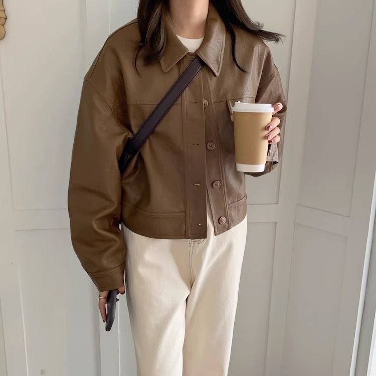Women?s Vintage PU Leather Jacket Short Slim Fit Polo Collar Coat