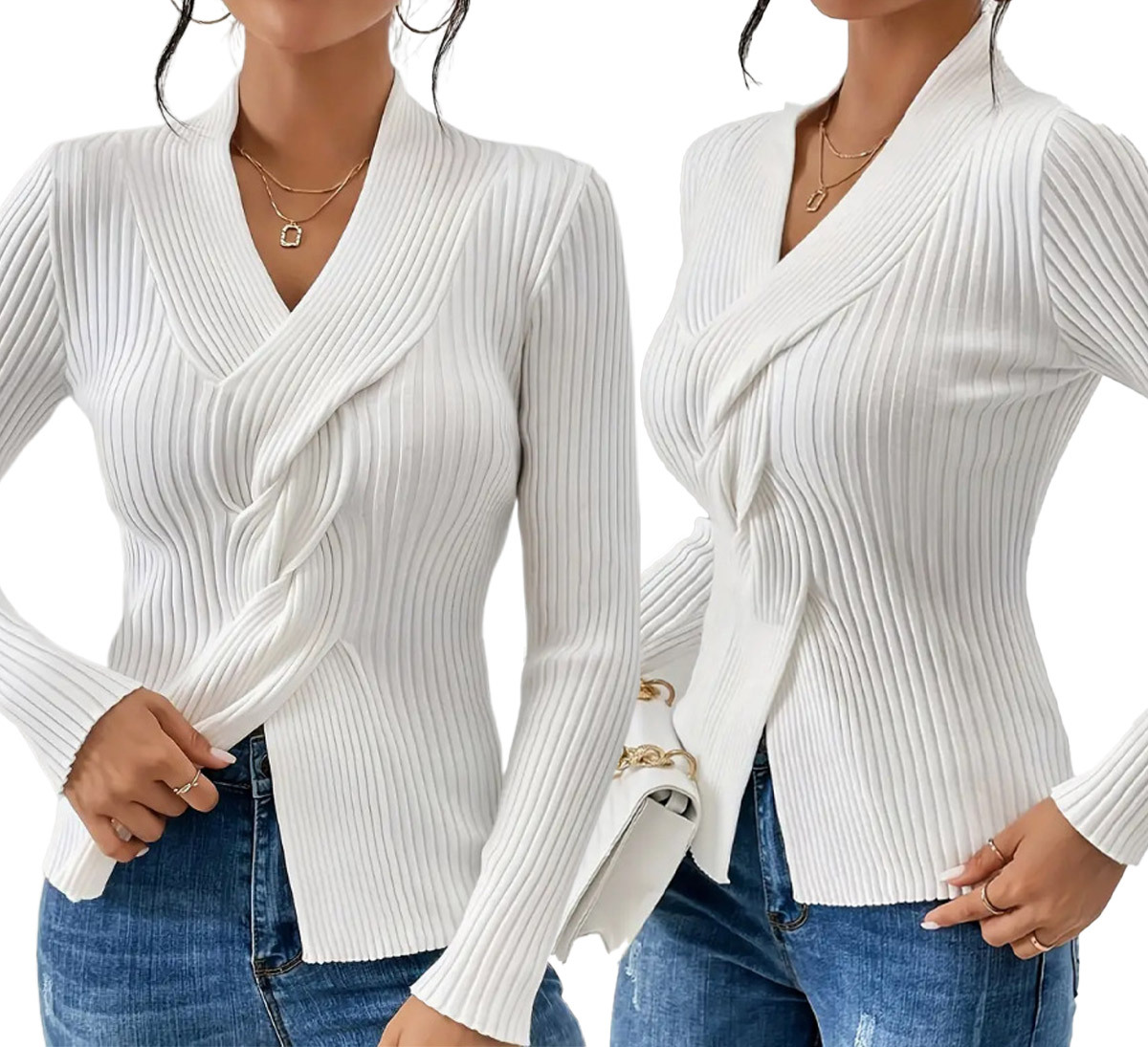 Women's Solid Color V-Neck Long Sleeve Slim Fit Knit Sweater