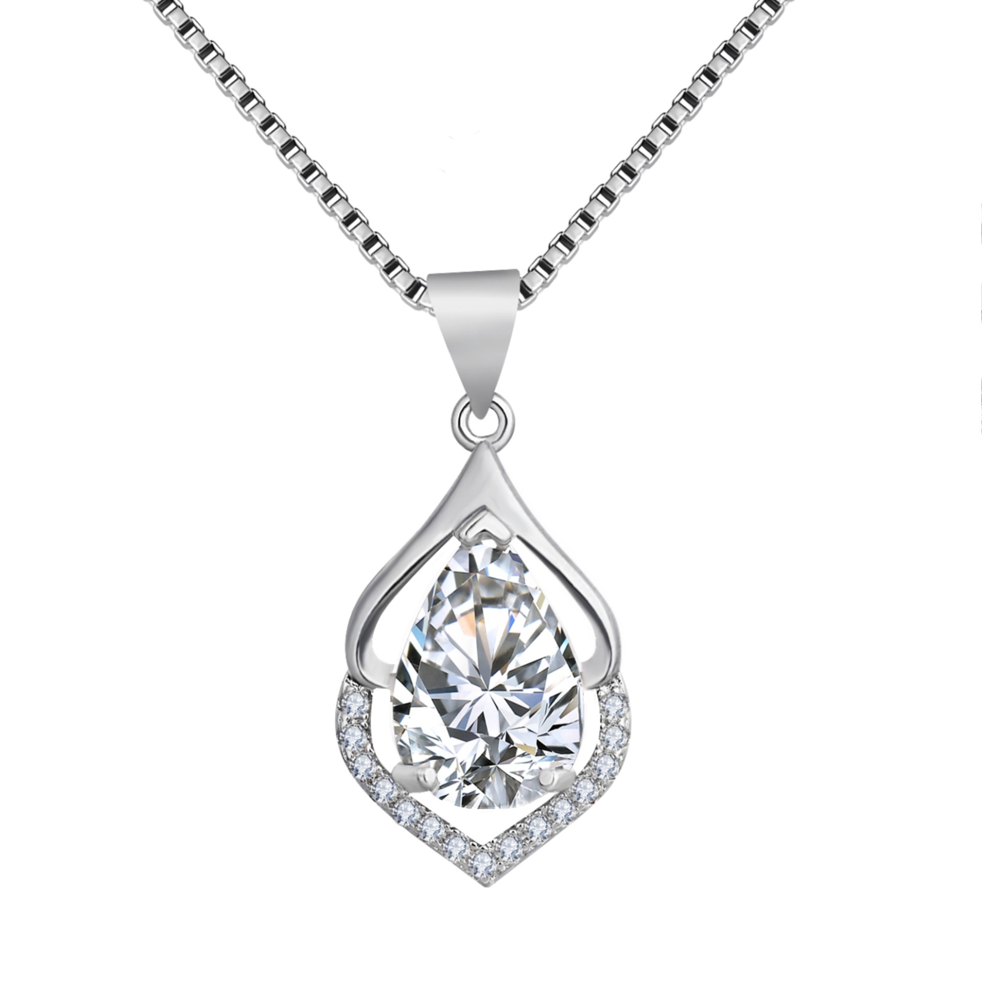 Drop-Shaped Imitation Silver Crystal Pendant Necklace
