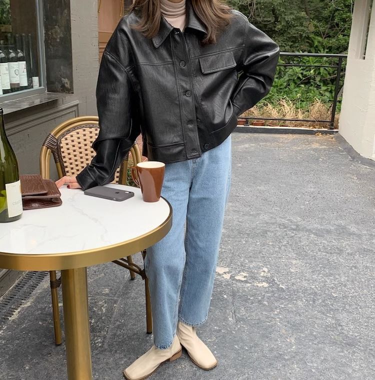 Women?s Vintage PU Leather Jacket Short Slim Fit Polo Collar Coat