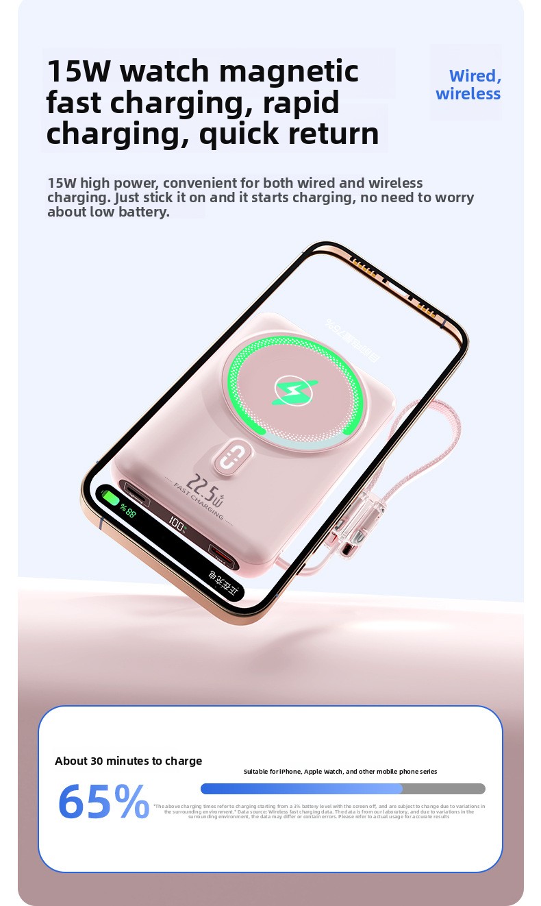 3-in-1 15W Magnetic Wireless Portable Charger 22.5W Power Bank with Built-in Cable and Watch Charging