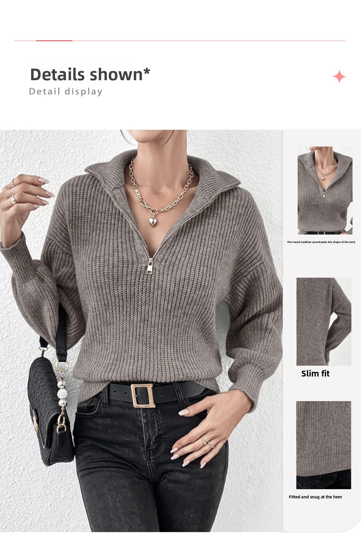 Solid Color Polo Collar Zipper Long Sleeve Knit Sweater for Women